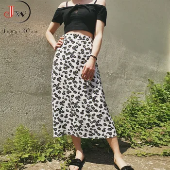 

Summer Floral Print Midi Skirt Women Korean Style High Waist Elegant Chiffon A line Casual Beach Skirts Plus Size faldas
