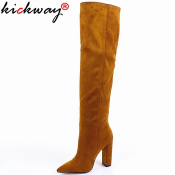 

kickway New thick high Heels over the knee boots woman pointe toe ladies Boots party dress shoes woman black tan red big size 43
