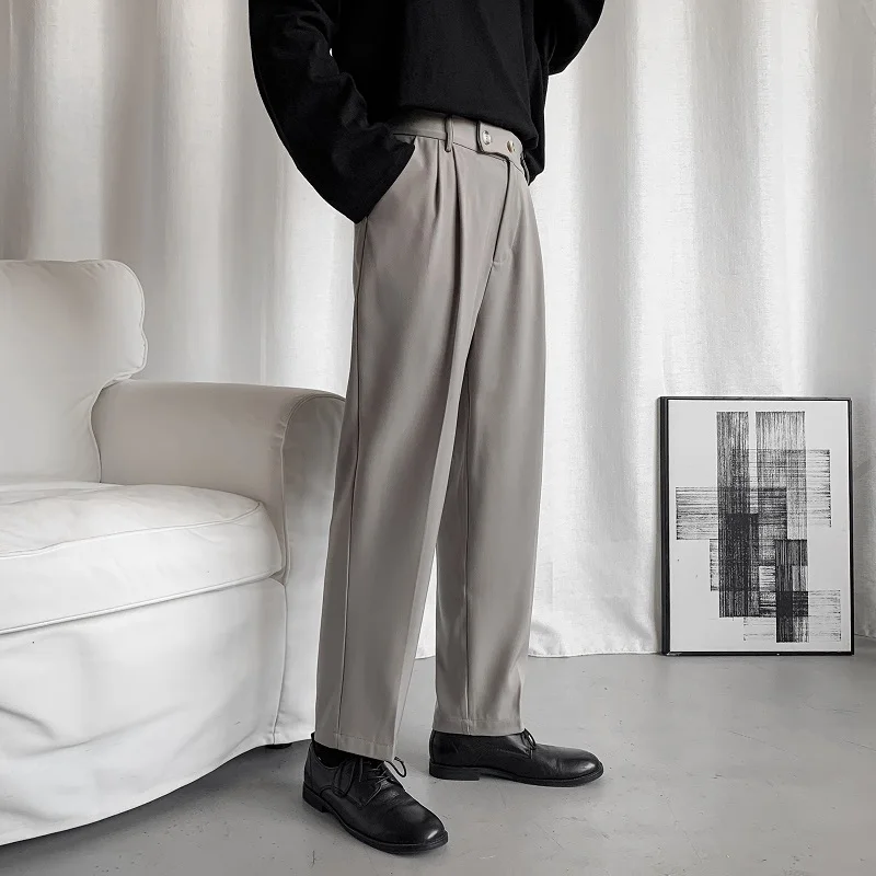 Coreano pantalones de traje de los hombres de moda Color sólido negocio vestido Casual pantalones hombres sueltos recto ancho pierna pantalón para hombre M-2XL