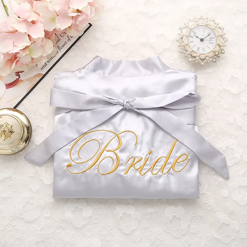 White Rayon Bridesmaid Bride Robe Sexy Women Embroidery Wedding Kimono Robes Sleepwear Nightgown Dress Woman Bathrobe Pajamas