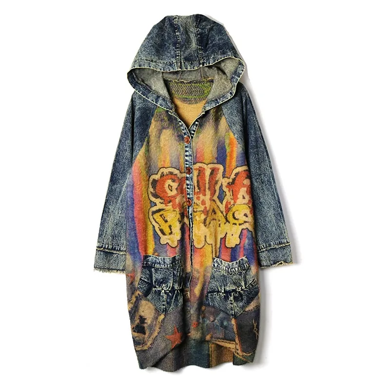 

Winter Women Cowboy Overcoat Streetwear Contrast Water Wash Distressed Coat Long Loose Splicing Sweater Hooded Trench Coat
