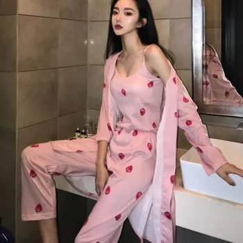 

pajamas Autumn Winter New Strawberry Printing Pijamas Sweet Slim Home Service Cotton Long-sleeve Cardigan Nightsuit Three-piece