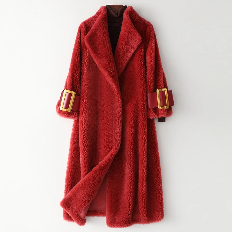 Red Пальто из натурального меха, Женская длинная винтажная куртка для стрижки овец, Женская Осенняя зимняя одежда, корейская шерстяная верхняя одежда, пальто Hiver 1983 - Цвет: Red