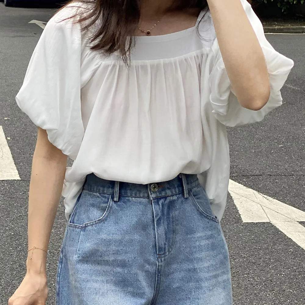 Women 2020 Summer Retro Casual Slim Thin Girl Square Collar Tops Female Solid Lantern Sleeve French Loose Blouse