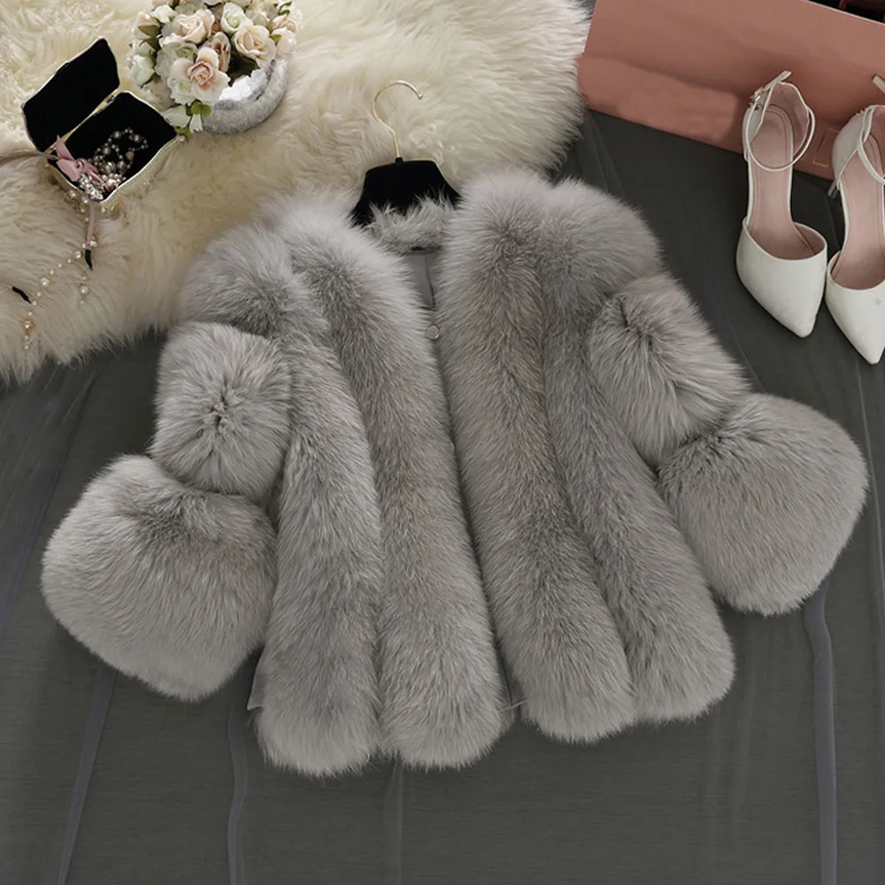 

2021 Elegant Short Thick Kawaii Outerwear Fake Fur Jacket Chaquetas Mujer Furry Fur Trim warm winter Coat Woman Wide-waisted