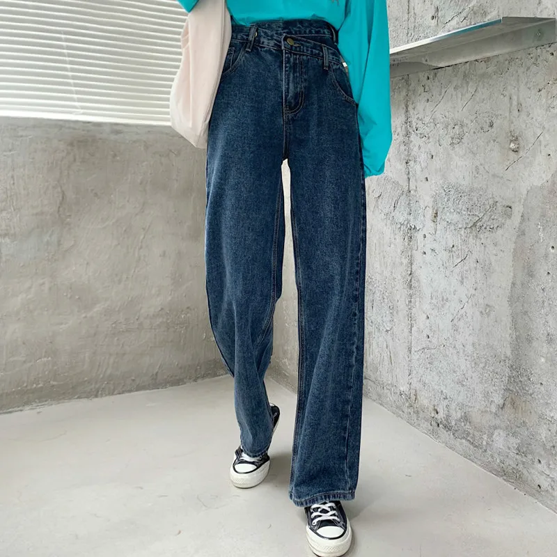 

New hot Women's jeans high waist loose wide leg denim blue streetwear retro temperament autumn 2020 fashion straight leg pants