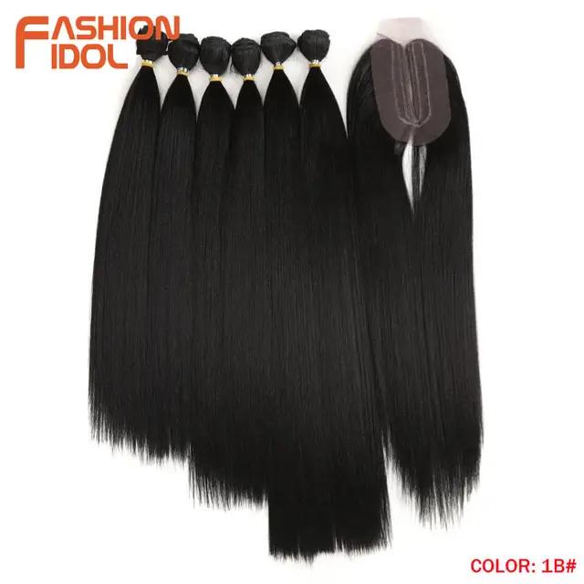 FASHION IDOL Yaki Straight Hair Bundles 7Pcs/Pack 16-20inch Ombre 613# Synthetic Hair Bundles With Closure Weave Hair Extension 1B