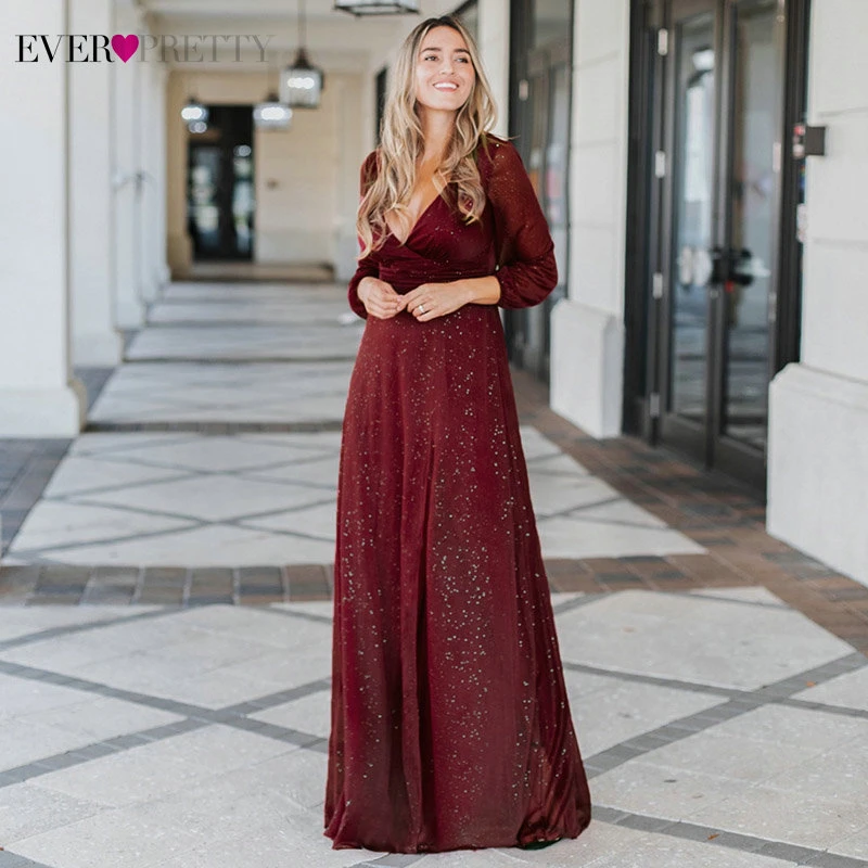 Plus Size Burgundy Prom Dresses Ever Pretty A-Line Deep V-Neck Side Split Long Sleeve Sexy Sparkle Formal Party Gowns Sukienki