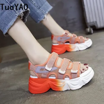 

Summer Women Fashion Sandals Platform Chunky Shoes Gladiator Mesh Designers Hook Loop Brand Orange Beach Woman Casual Sandal
