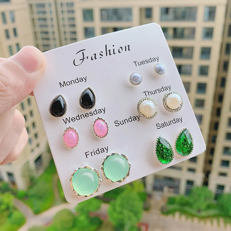 Новое поступление модные корейские дизайнерские однонедельные серьги-гвоздики для женщин летние смешанные жемчужные Опан ювелирные украшения из драгоценных камней 6 пар/лот