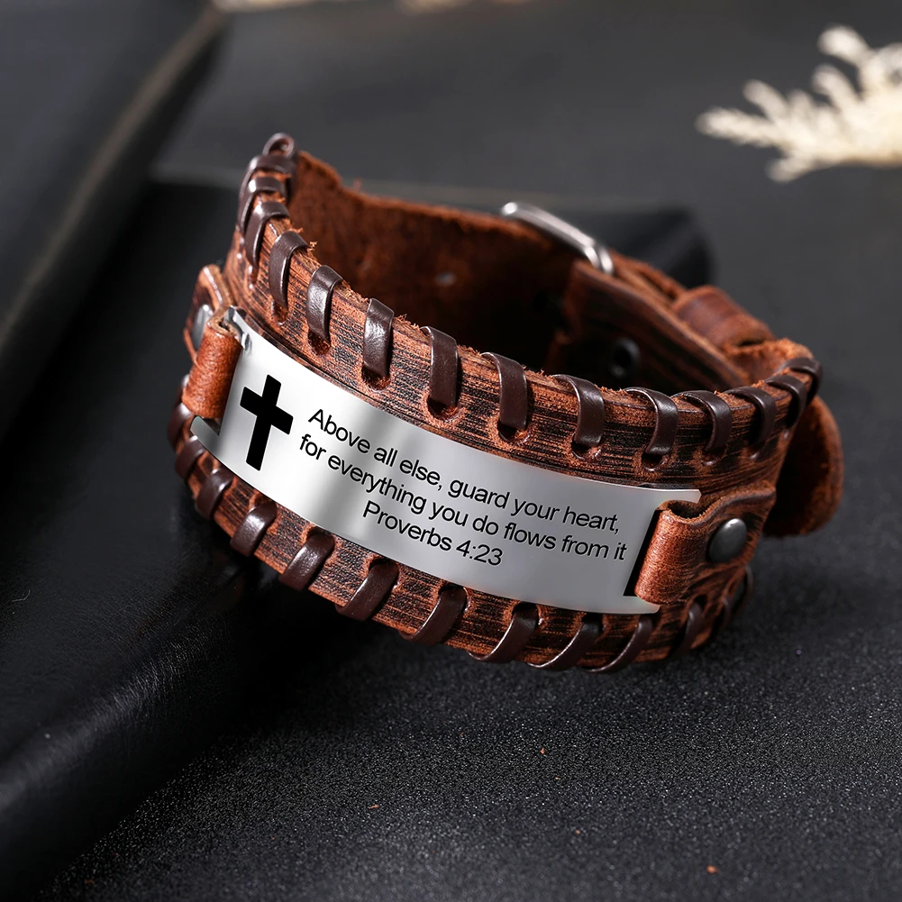 EUEAVAN 5pcs Proverb Positive Black/Brown Leather Bracelet Saying Charm Stainless Steel Jewelry For Men Gift Wholesale