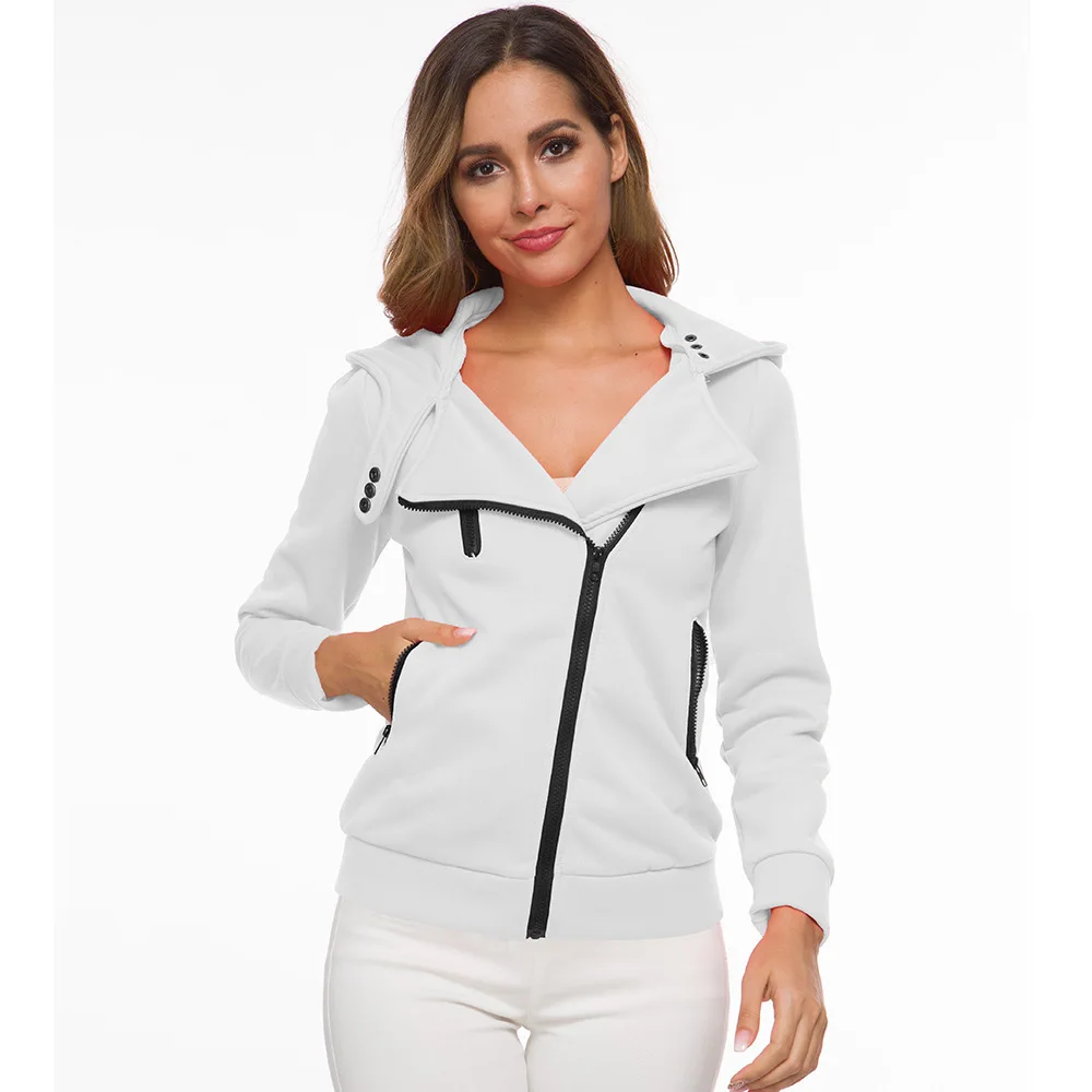 

Women's Autumn And Spring Zipper Hooded Sport Coat Solid Casual Sweatshirt Brushed And Thin Long Sleeve Overcoat Female