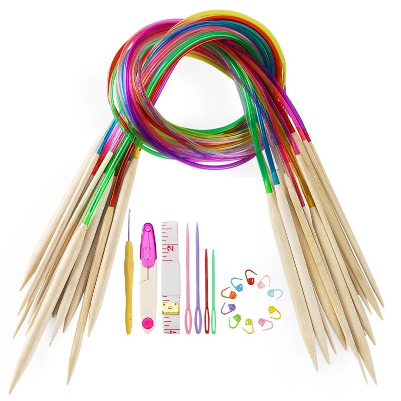 MIUSIE 35Pcs/80cm 2-10mm Multicolor Soft Tube Carbonized Bamboo Circular Crochet Knitting Needles Set with 5 Kind of Accessories | Дом и сад