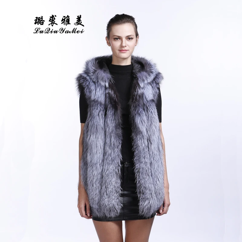 L Q Y M 2021 New Brand Winter True Natural Fox Fur Coat Thick Silver Fox Female Jacket Fox Fur Hooded Vest m y fantasy 2021 winter tooling new fashion trend denim stitching faux fur thick fur down jacket w