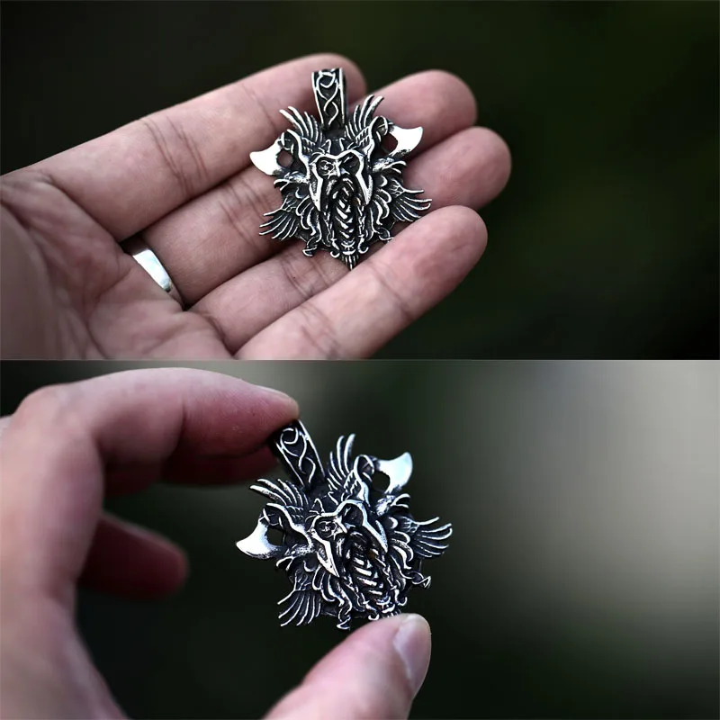 Vintage Gothic Pirate Double Axe Pendant Punk Stainless Steel Viking Odin Riding Crow Pendant Fashion Men Hip Hop Party Jewelry