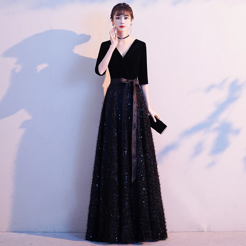 Wei yin AE0357 Платье De Soiree элегантное вечернее платье с коротким рукавом длинное торжественное платье вечернее платье Черное вечернее платье с v-образным вырезом Платья для вечеринок
