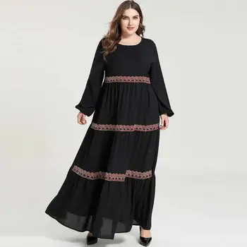 

Black Casual Islamic Clothing Women Long Sleeve Embroidery Frilled Muslim Abaya Dubai Kaftan Moroccan Plus Size Maxi Long Dress