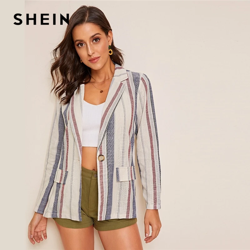 

SHEIN Multicolor Notched Collar Flap Pocket Detail Striped Blazer Coat Women Autumn Single Button Casual Outwear Blazers