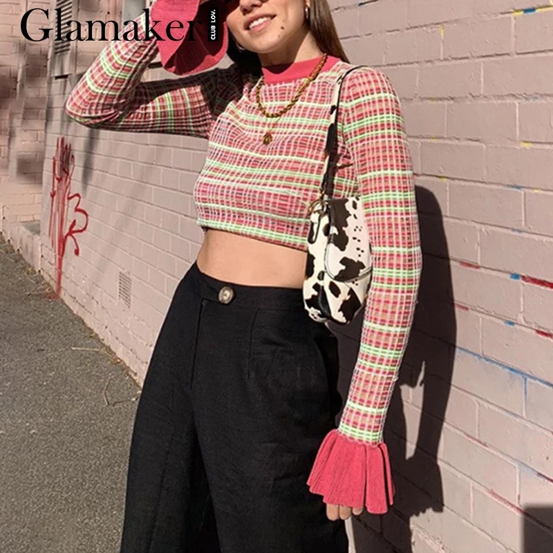 Glamaker, клетчатая, с круглым вырезом, короткая футболка, женская, с длинным Расклешенным рукавом, в стиле пэчворк, с рюшами, элегантная, женская, на осень и зиму, вечерние, Сексуальная рубашка