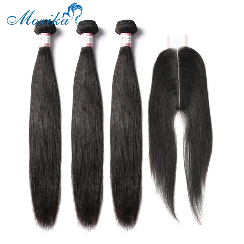 Moxika малазийские прямые волосы пучки с закрытием средняя часть L Remy человеческие волосы пучки с Ким K Кружева Закрытие с пучками
