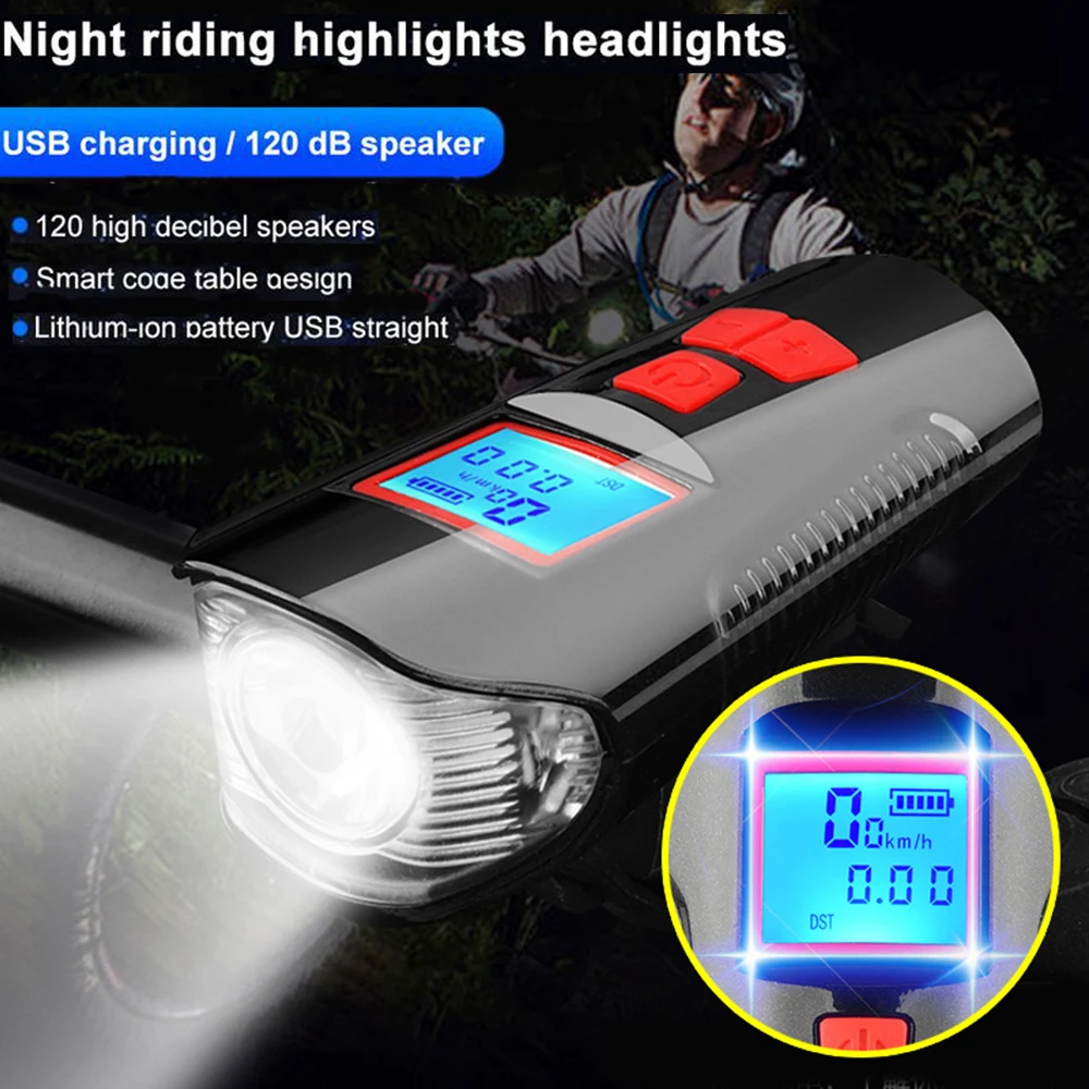 

Cycling Front Light Bike Computer LCD Screen Wireless Speedometer Bicycle Headlight MTB USB Rechargeable Stopwatch Electric Horn