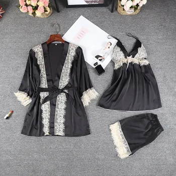 

sleepwear women lingerie Women Sexy Lace Trim Satin Patchwork Cami and Shorts and Robe Pajama Set