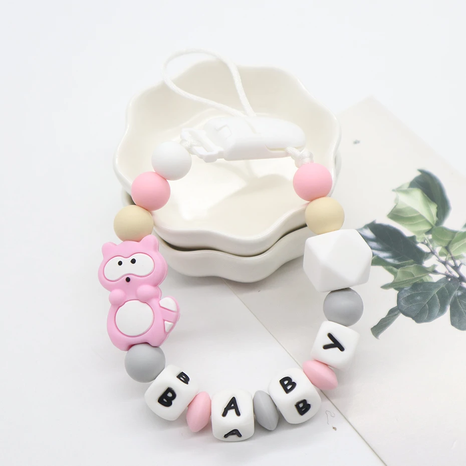 PC009-1 Pink Сделай Сам, персонализированные зажимы для соски, цепочка для соски, силиконовые бусины для пищевых продуктов, насадка на соски, милый енот, держатель для пустышки - Цвет: PC009-1 Pink