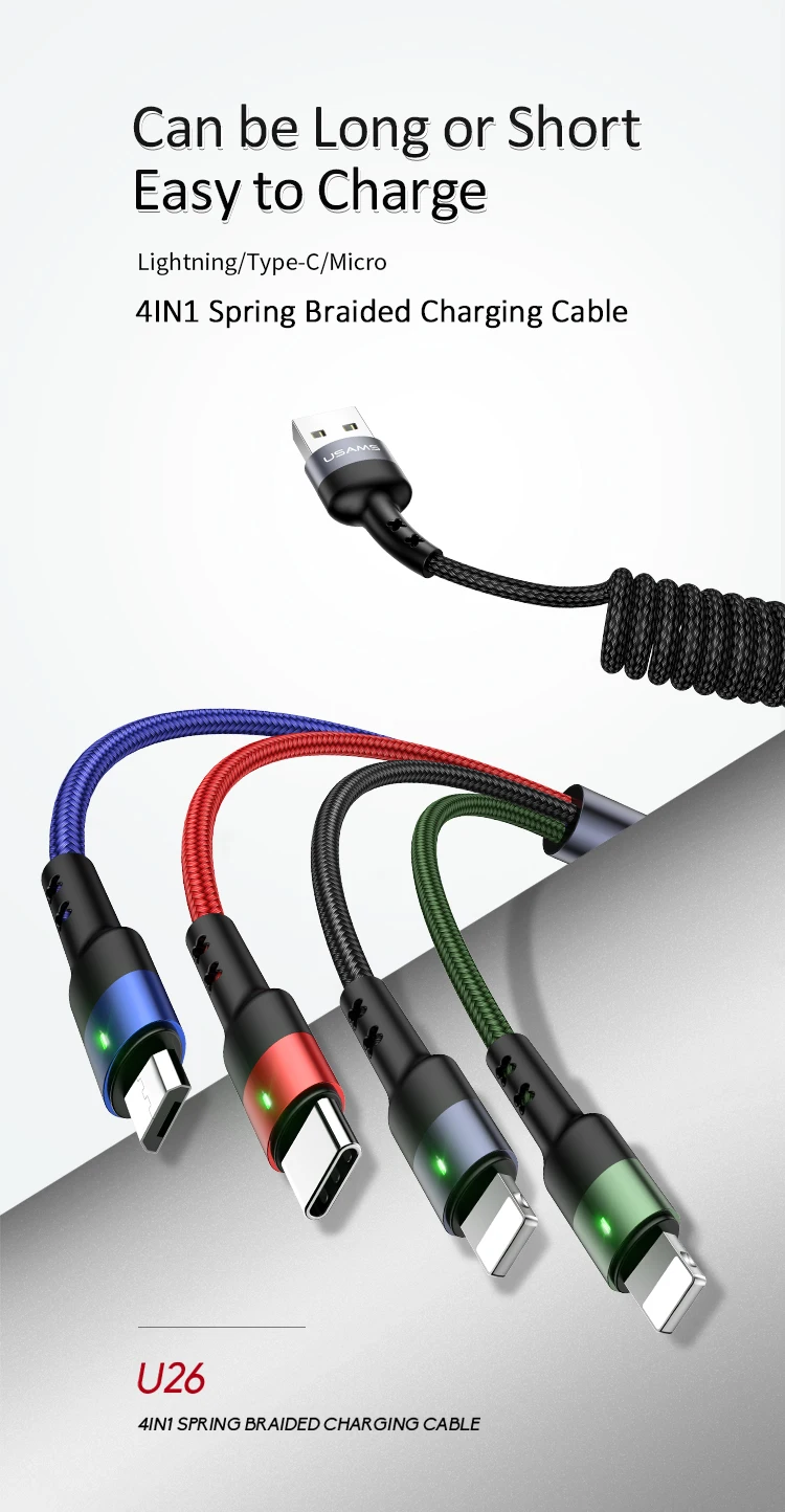 USAMS 4 3 в 1 мульти usb кабель для зарядки для iPhone8 samsung xiaomi зарядное устройство для apple светильник с разъемом микро usb type c кабель светодиодный пружина
