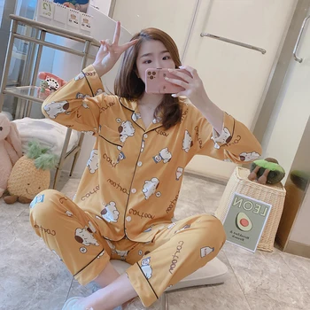 

Long Sleeved Women Pajamas Set Fashion Lovely Print HomeWear Leisure Clothes Women Long Pant Pyjamas Sets Nightwea