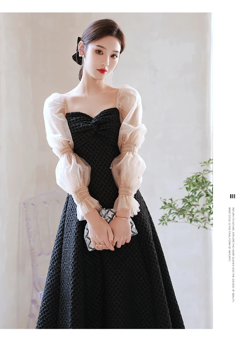 Black Banquet Evening Dresses 2022 New Temperament Birthday Party Dress Vintage Square Collar Long Sleeve A-Line Dress evening gowns with sleeves