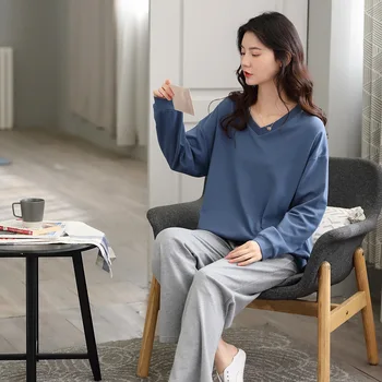 

Pajamas Women Spring Autumn Pure Cotton Pajama Set Long Sleeve Simple Sports and Leisure Two-piece Home Suit Pijamas De Mujer