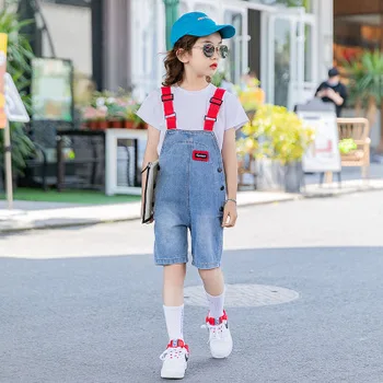 

Girls Summer Suit 2020 New Summer Korean Fashionable Kids Denim Overalls Two-piece Suit Big Girls Overalls Suits 4-12 Years