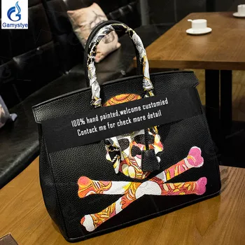 

Hand painted Skull luxury Handbags Genuine Leather Top handle bags Women Messenger Bag Female Shoulder Bag Luxury Classic Bags