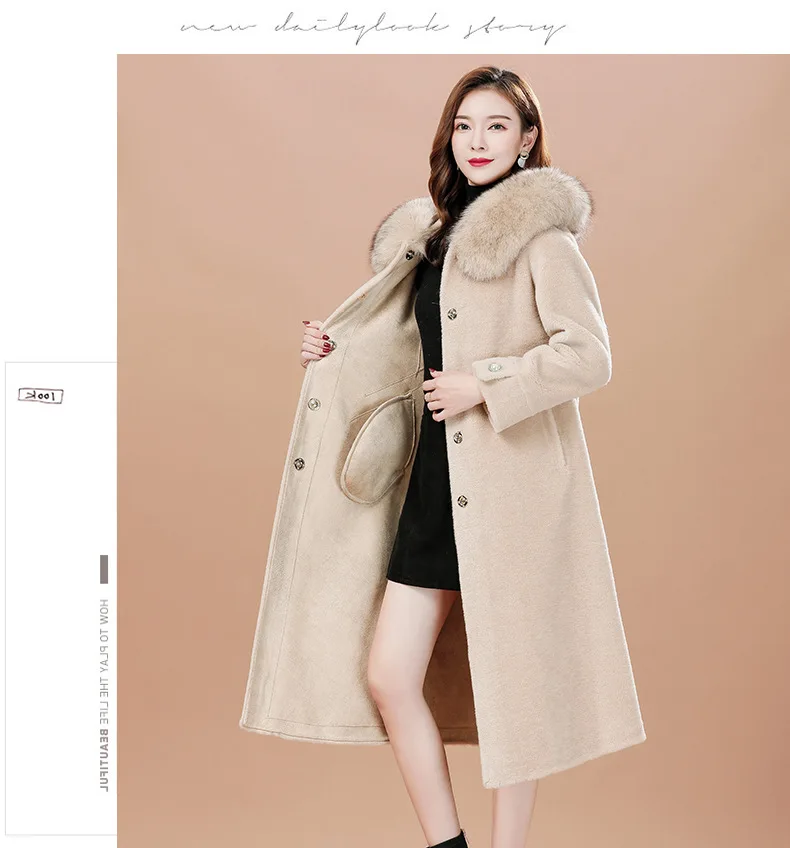 Обхват талии длинный участок для похудения женские Haining меха; овечья кожа; Шерсть; бархатное пальто Женский Лисий меховой воротник натуральный мех