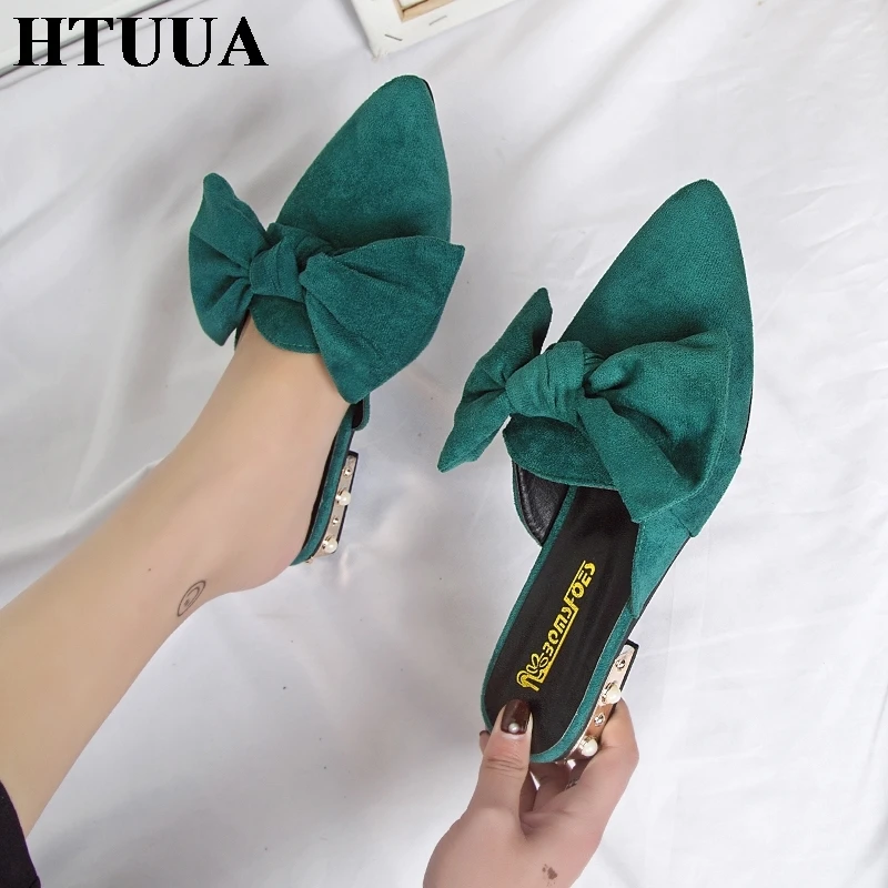 HTUUA/; женские шлепанцы из флока с жемчужным бантом; шлепанцы на плоской подошве; женские летние шлепанцы с острым носком; женские сандалии; SX2382