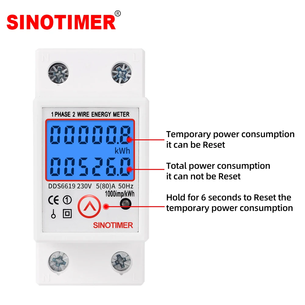 

Digital Wattmeter AC 110V 230V 5(80)A Power Energy Meter Din Rail KWH Voltage Current Meter Backlight with Reset Function