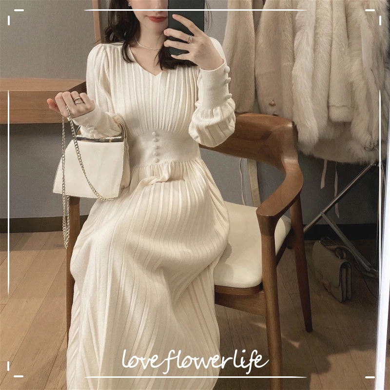 Vestido de punto de manga larga para mujer, ropa informal Vintage elegante para oficina, suéter, primavera 2021