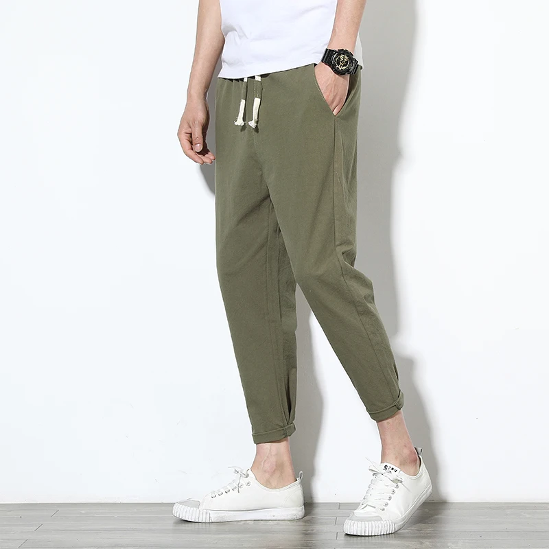 Летние мужские льняные брюки хип-хоп по щиколотку мужские брюки-карандаш одноцветные дышащие удобные модные льняные брюки для мужчин K35 - Цвет: ArmyGreen - K35