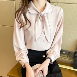 Blusa coreana mulheres chiffon blusas camisas mulheres blusa de manga comprida tops moda ol mulher camisas de fita mulher arco camisa blusas