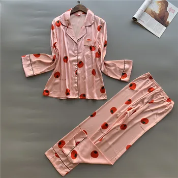 

Spring Summer Women Faux Silk Satin Pajamas Set Long Sleeve Sleepwear Pajamas Suit Female Sleep Homewear 2 Piece
