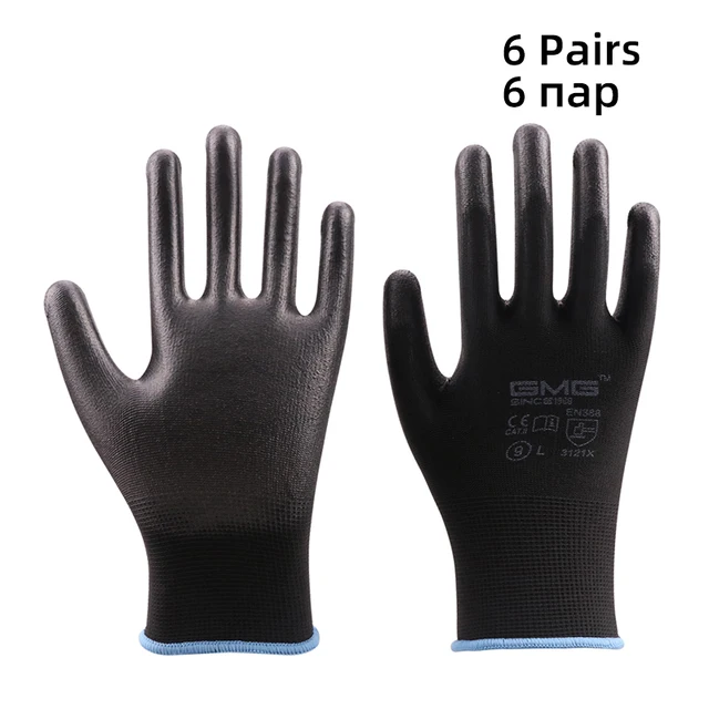 6 Pairs Work Gloves CE EN388 Red Polyester Black PU Mechanic Working Anti-static Gloves For Work Safety Glove For Women Men Black