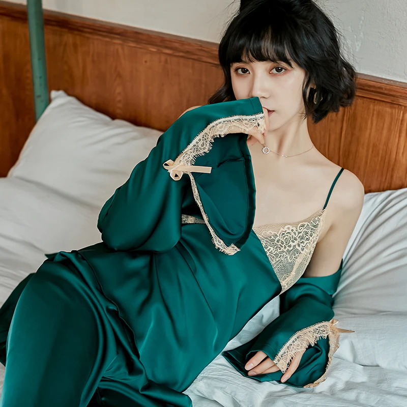 

Sexy Luxury Silk Pajama Set Women Robe Pants 3 Pieces Pyjamas Sleepwear Spring and Autumn Solid Nightwear Lace Elegant Homewear