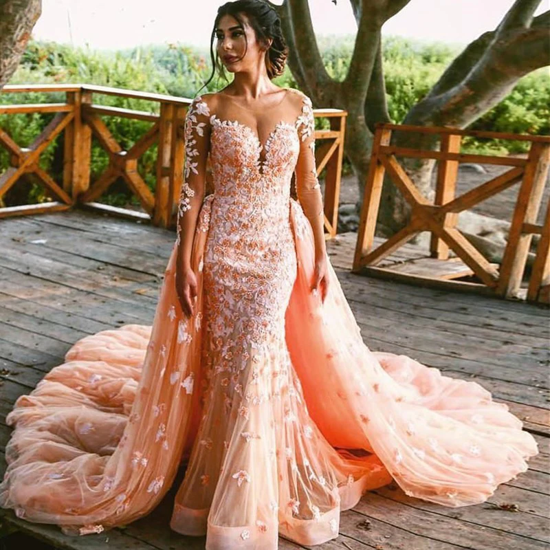

SoDigne Mermaid Evening Dress Princess Lace Appliqued Long Sleeves Sexy Backless Prom Dress With Detachable Trail