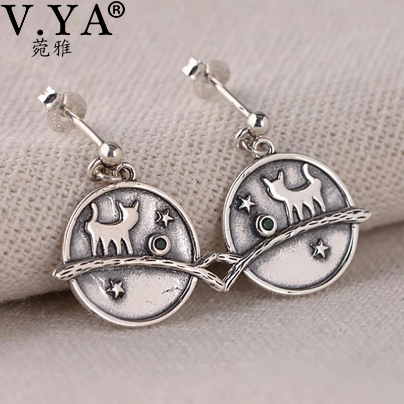V. YA S925 Стерлинговое Серебро милые серьги-гвоздики с круглой подвеской мультфильм серьги-кошки для женщин ювелирные изделия