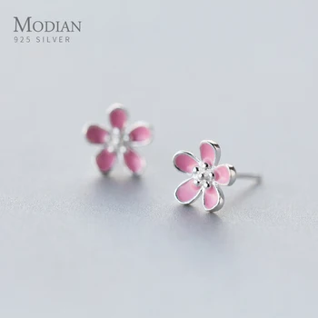 

Modian Pink Enamel Cute Peach Blossom Sterling Silver 925 Stud Earring for Women Fashion Flora Ear Pin Fine Jewelry Girl Gift