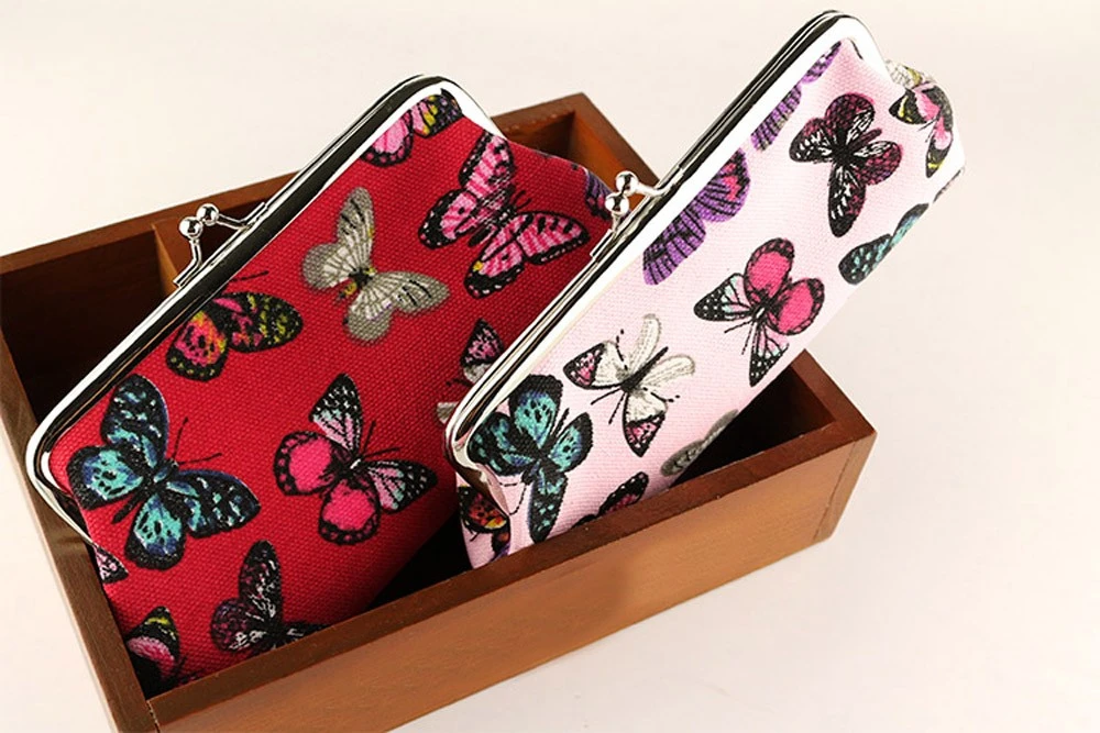 Fashion Woman Purses Elegant Butterflies Canvas Student Pink Wallet For Mobile Phone Green Long Coin Purse For Girl Gifts 814