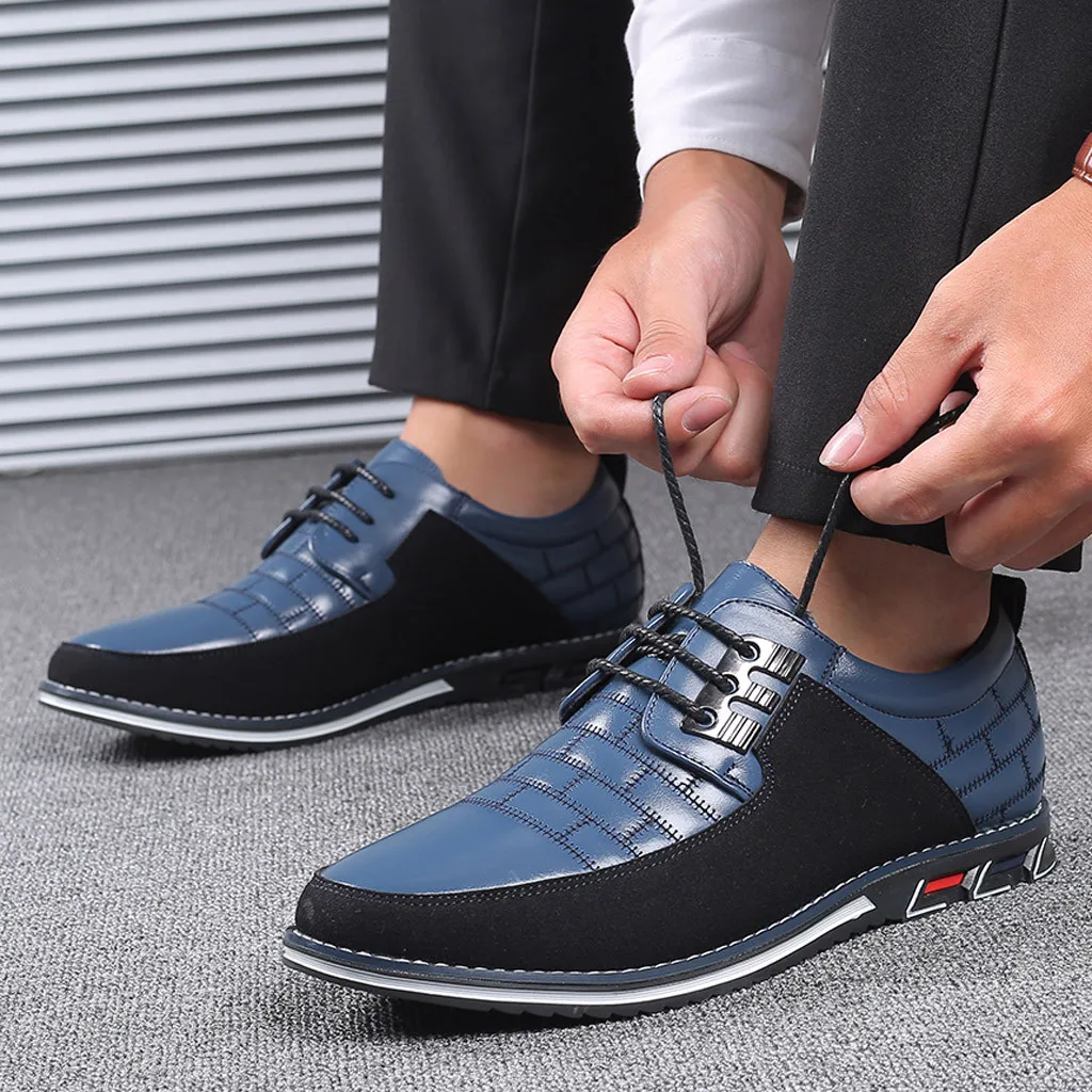

Solid Color Block Men Round Head Lace-Up Shoes Business Flats Artificial Leather Pu Patchwork Casual Male Shoe zapatillas hombre