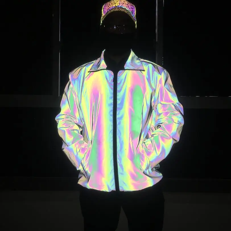 

2019 Autumn And Winter New Products Colorful Reflective Jacket Europe And America Rainbow-colored Night Light Turn-down Collar C