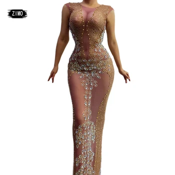 

Luxury Gold Rhinestone See through Long Dress tight Stylish Womens Birthday Party Evening Celebration Nightclub Singer Dresses