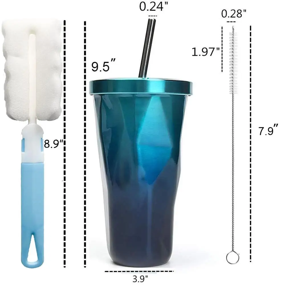 Blue Кофейная кружка из нержавеющей стали с соломинкой, горячая холодная двойная стенка, чашка для питья, кофейная кружка для путешествий, 16 унций/473 мл, необычная с крышкой - Цвет: Blue